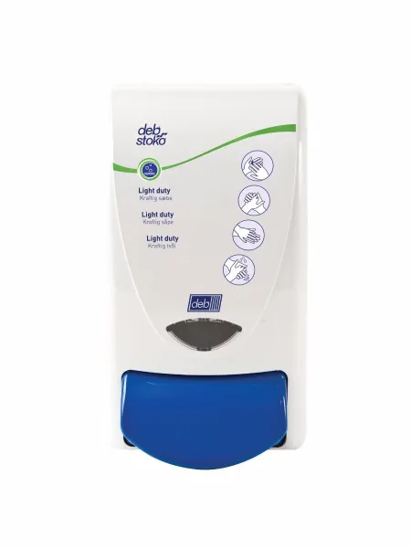 Deb Stoko Cleanse Light dispenser for kremsepe med renseeffekt, hvit plast med blå trykknapp, 1 L